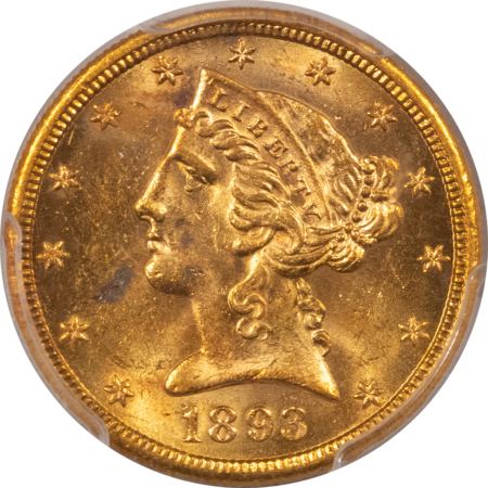 $5 1893-S $5 LIBERTY GOLD, PCGS MS-62, FLASHY & FRESH-OLDER HOLDER!