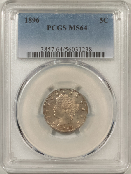 Liberty Nickels 1896 LIBERTY NICKEL – PCGS MS-64, ORIGINAL AND LUSTROUS!
