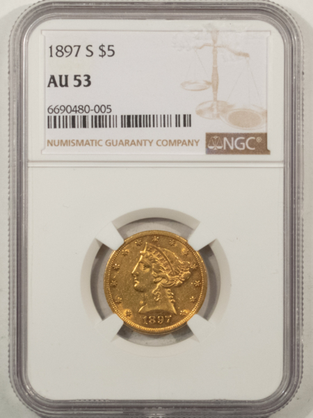 $5 1897-S $5 LIBERTY GOLD HALF EAGLE – NGC AU-53