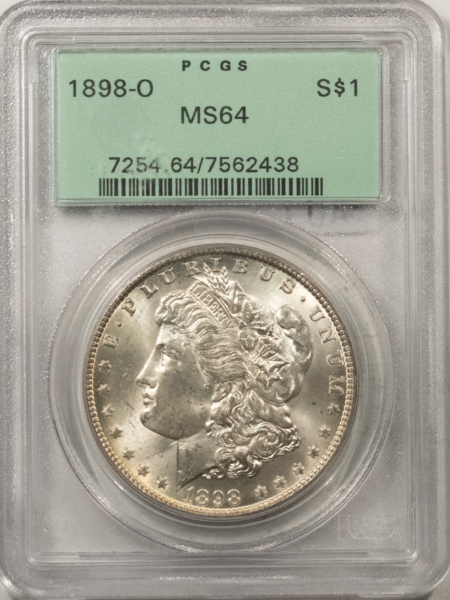 Morgan Dollars 1898-O $1 MORGAN DOLLAR – PCGS MS-64, OLD GREEN HOLDER, PREMIUM QUALITY!
