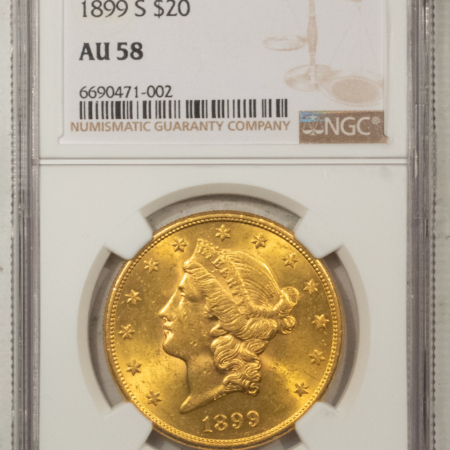 $20 1899-S $20 LIBERTY HEAD DOUBLE EAGLE – NGC AU-58, FLASHY