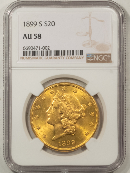 $20 1899-S $20 LIBERTY HEAD DOUBLE EAGLE – NGC AU-58, FLASHY
