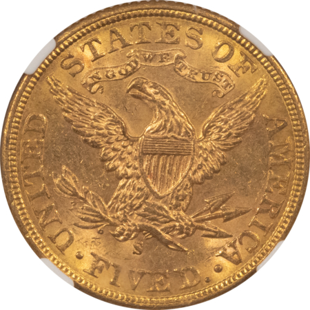 $5 1899-S $5 LIBERTY GOLD HALF EAGLE – NGC MS-64, BETTER DATE, TOUGH!
