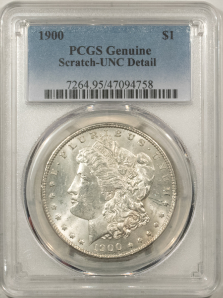 Morgan Dollars 1900 $1 MORGAN DOLLAR – PCGS GENUINE, SCRATCH – UNCIRCULATED DETAILS