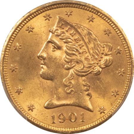 $5 1901-S $5 LIBERTY GOLD HALF EAGLE – PCGS MS-64, CAC APPROVED!