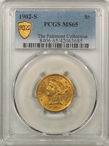$5 1902-S $5 LIBERTY GOLD HALF EAGLE – PCGS MS-65