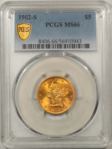 $5 1902-S $5 LIBERTY GOLD HALF EAGLE – PCGS MS-66, STUNNING & SUPERB, AMAZING LOOK!