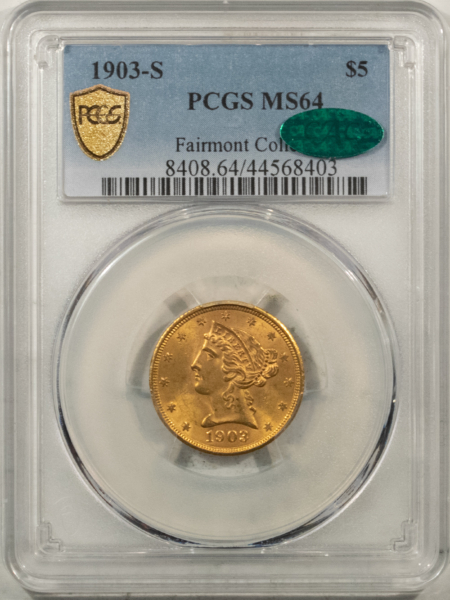 $5 1903-S $5 LIBERTY GOLD HALF EAGLE – PCGS MS-64, CAC APPROVED!