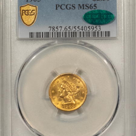 $2.50 1905 $2.50 LIBERTY GOLD QUARTER EAGLE – PCGS MS-65, FLASHY GEM, CAC APPROVED!