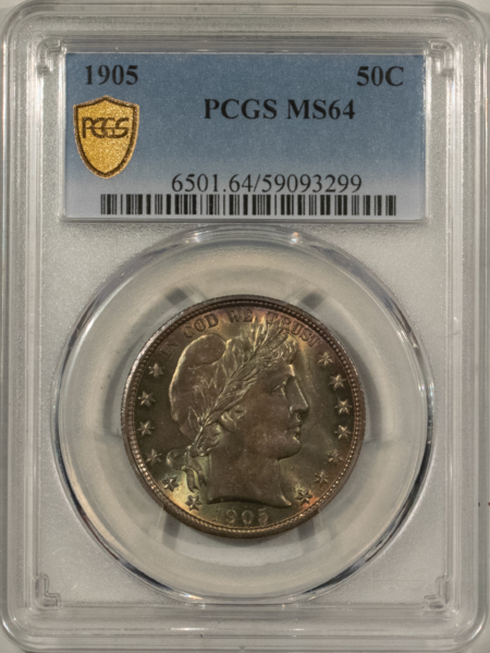 Barber Halves 1905 BARBER HALF DOLLAR, PCGS MS-64, BEAUTIFULLY TONED EXAMPLE OF THIS RARE DATE