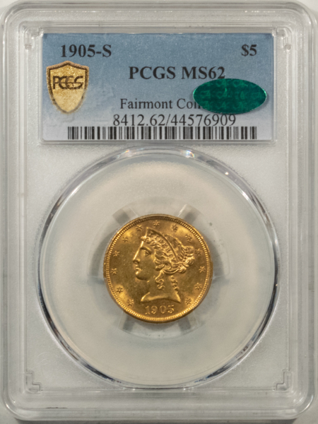 $5 1905-S $5 LIBERTY GOLD HALF EAGLE – PCGS MS-62, CAC APPROVED!