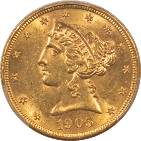 $5 1905-S $5 LIBERTY GOLD HALF EAGLE – PCGS MS-62, CAC APPROVED!