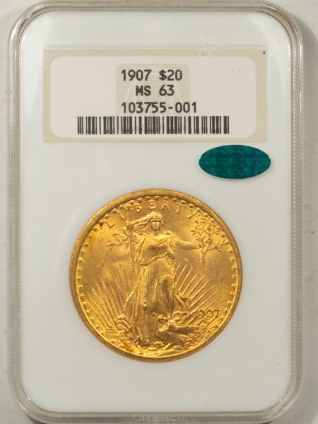 $20 1907 NO MOTTO $20 ST GAUDENS GOLD DOUBLE EAGLE NGC MS-63 CAC FATTIE HOLDER & PQ