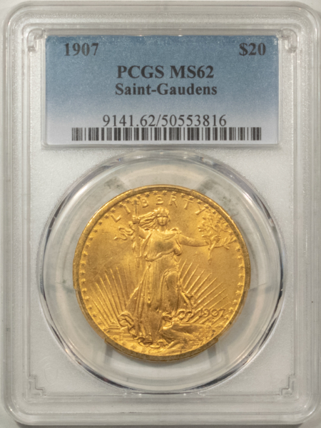 $20 1907 NO MOTTO $20 ST GAUDENS GOLD DOUBLE EAGLE – PCGS MS-62
