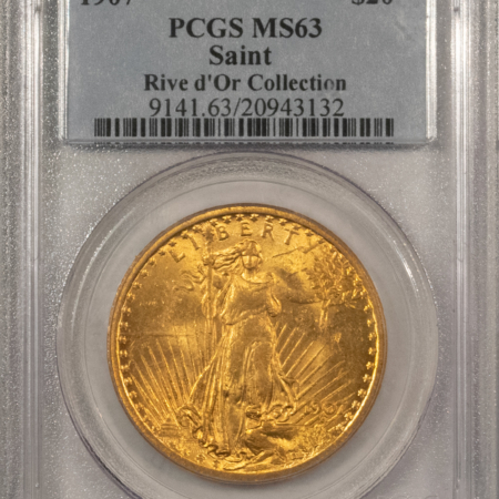 $20 1907 NO MOTTO $20 ST GAUDENS GOLD DOUBLE EAGLE – PCGS MS-63, CHOICE & LUSTROUS!