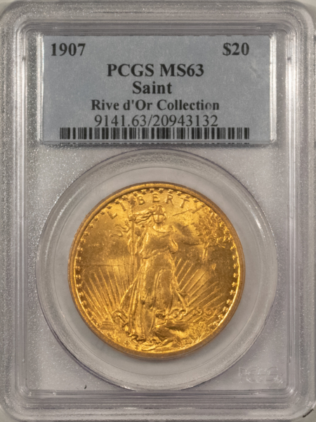 $20 1907 NO MOTTO $20 ST GAUDENS GOLD DOUBLE EAGLE – PCGS MS-63, CHOICE & LUSTROUS!