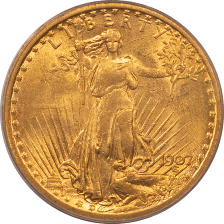 $20 1907 NO MOTTO $20 ST GAUDENS GOLD DOUBLE EAGLE – PCGS MS-63, CHOICE & LUSTROUS!