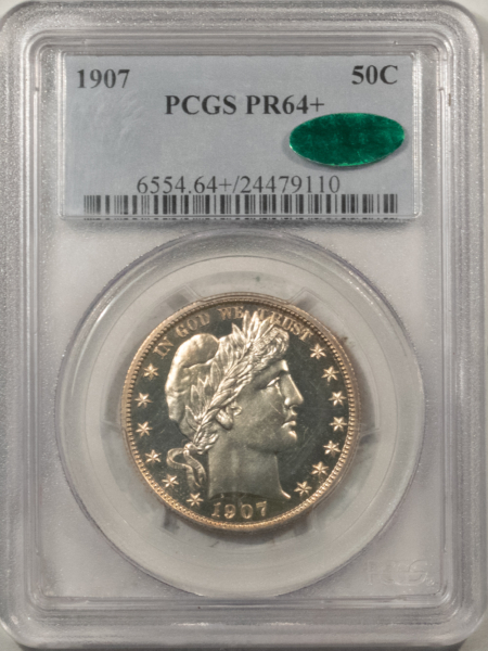 Barber Halves 1907 PROOF BARBER HALF DOLLAR PCGS PR-64+, ATTRACTIVE, SEMI-CAMEO, CAC APPROVED!