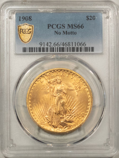 $20 1908 $20 ST GAUDENS GOLD DOUBLE EAGLE, NO MOTTO – PCGS MS-66, LUSTROUS & NICE!