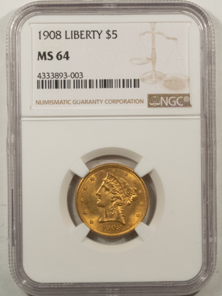 $5 1908 $5 LIBERTY GOLD HALF EAGLE – NGC MS-64