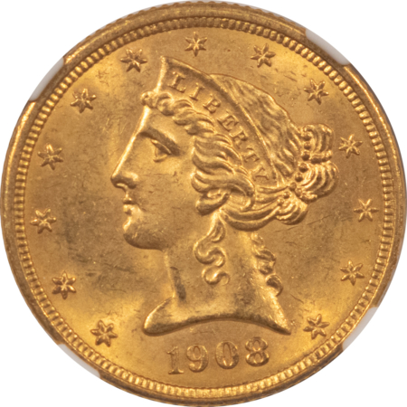 $5 1908 $5 LIBERTY GOLD HALF EAGLE – NGC MS-64