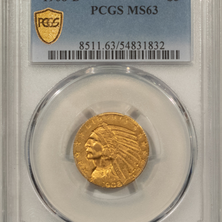 $5 1908-D $5 INDIAN GOLD HALF EAGLE – PCGS MS-63, CHOICE!