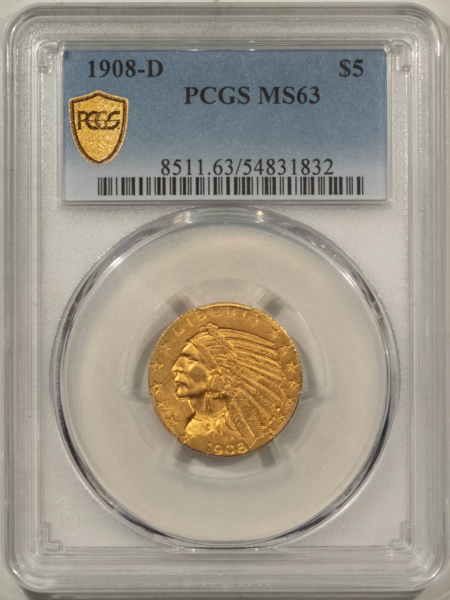 $5 1908-D $5 INDIAN GOLD HALF EAGLE – PCGS MS-63, CHOICE!