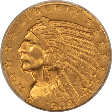 $5 1908-D $5 INDIAN GOLD HALF EAGLE – PCGS MS-63, CHOICE!