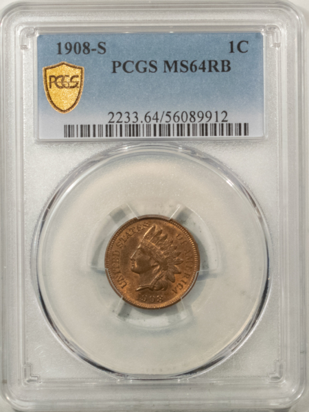 Indian 1908-S INDIAN CENT – PCGS MS-64 RB, LOOKS GEM & PREMIUM QUALITY!