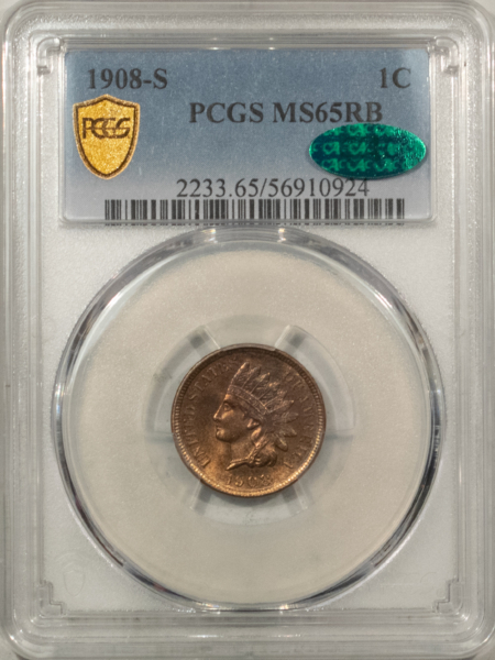 CAC Approved Coins 1908-S INDIAN CENT – PCGS MS-65, FRESH GEM! CAC APPROVED! KEY-DATE!