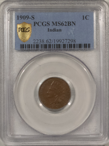 Indian 1909-S INDIAN CENT – PCGS MS-62 BN, KEY-DATE, ORIGINAL, PREMIUM QUALITY!