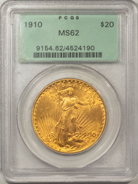 $20 1910 $20 ST GAUDENS GOLD DOUBLE EAGLE – PCGS MS-62, OGH & PQ!