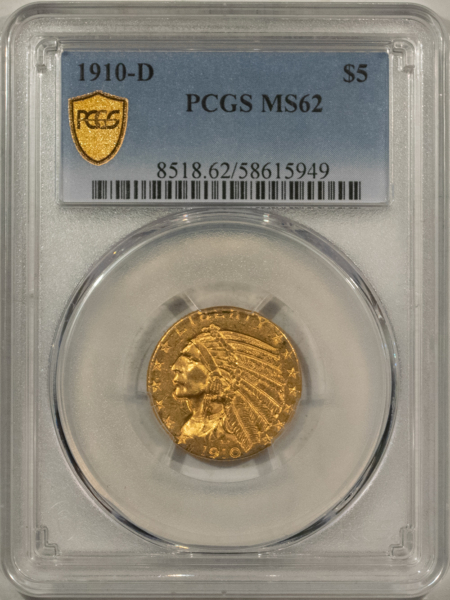 $10 1910-D $5 INDIAN GOLD, PCGS MS-62, PREMIUM QUALITY & DOUBLES IN PRICE IN MS-63!