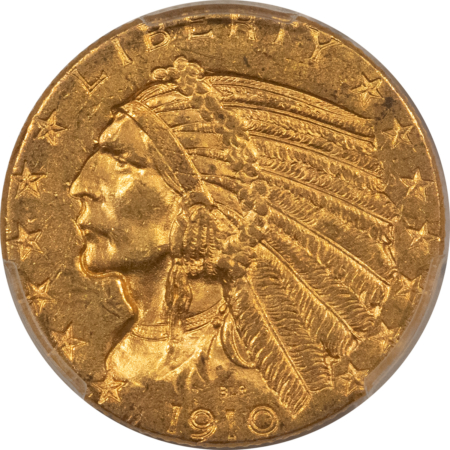 $10 1910-D $5 INDIAN GOLD, PCGS MS-62, PREMIUM QUALITY & DOUBLES IN PRICE IN MS-63!