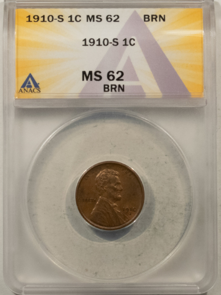 Lincoln Cents (Wheat) 1910-S LINCOLN CENT – ANACS MS-62 BN