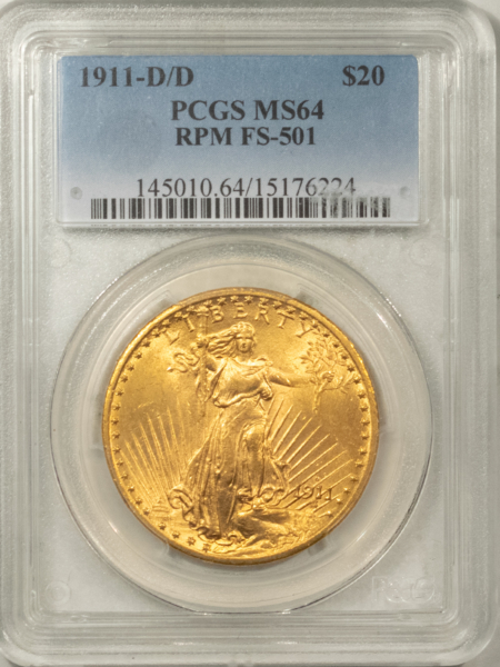 $20 1911-D/D $20 ST GAUDENS GOLD DOUBLE EAGLE, RPM FS-501 – PCGS MS-64, POPULAR!