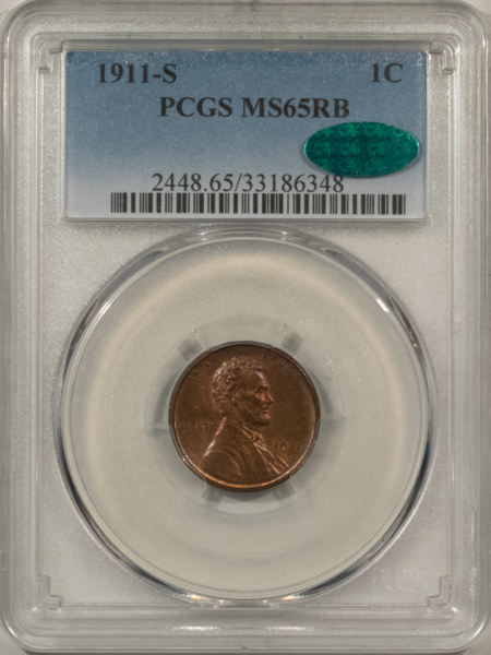 CAC Approved Coins 1911-S LINCOLN CENT – PCGS MS-65 RB, ORIGINAL FRESH GEM, CAC APPROVED!
