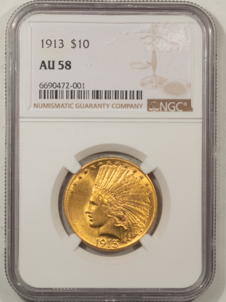$10 1913 $10 INDIAN GOLD EAGLE – NGC AU-58, FLASHY & LOOKS UNCIRCULATED
