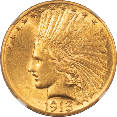$10 1913 $10 INDIAN GOLD EAGLE – NGC AU-58, FLASHY & LOOKS UNCIRCULATED
