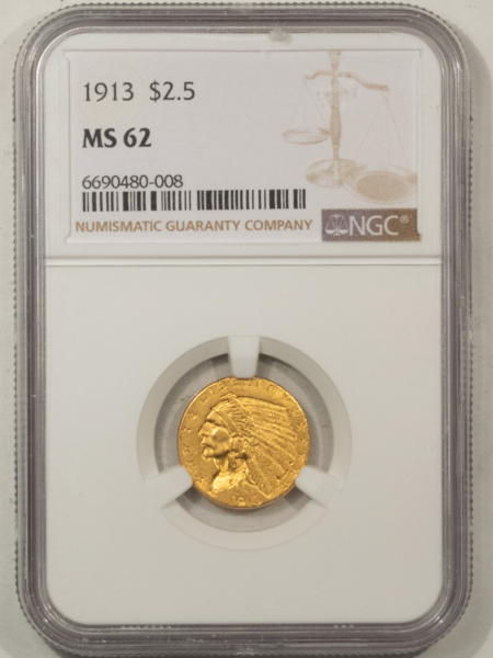 $2.50 1913 $2.50 INDIAN GOLD, NGC MS-62, CHOICE, SLIGHTLY BETTER EARLY DATE!