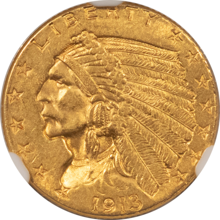 $2.50 1913 $2.50 INDIAN GOLD, NGC MS-62, CHOICE, SLIGHTLY BETTER EARLY DATE!