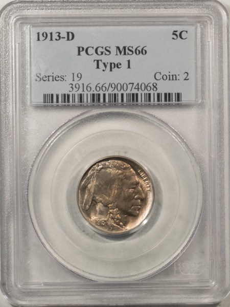 Buffalo Nickels 1913-D BUFFALO NICKEL, TYPE 1 – PCGS MS-66, ATTRACTIVE ORIGINAL GEM!