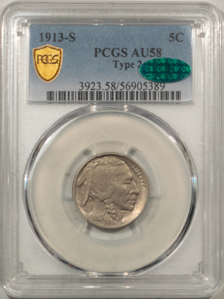 Buffalo Nickels 1913-S BUFFALO NICKEL TY 2 – PCGS AU-58, LOOKS CHOICE! PQ! CAC APPROVED!