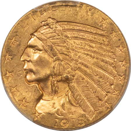 $5 1915 $5 INDIAN GOLD HALF EAGLE – PCGS MS-63, LUSTROUS!