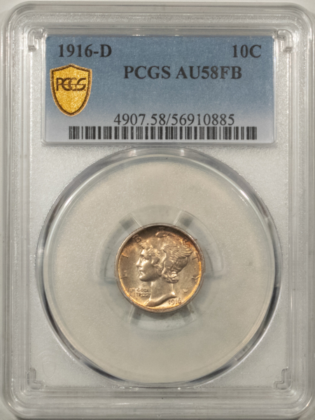 Mercury Dimes 1916-D MERCURY DIME – PCGS AU-58 FB, FRESH & ORIGINAL, KEY-DATE!