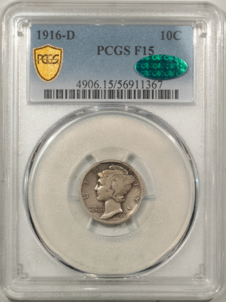 CAC Approved Coins 1916-D MERCURY DIME – PCGS F-15, SUPER ORIGINAL, PREMIUM QUALITY! CAC APPROVED!