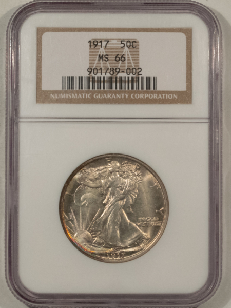 Half Dollars 1917 WALKING LIBERTY HALF DOLLAR NGC MS-66 SUPERB ORIGINAL GEM, OUTSTANDING SKIN