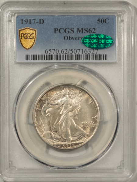 CAC Approved Coins 1917-D OBVERSE WALKING LIBERTY HALF DOLLAR – PCGS MS-62 CAC, FRESH LOOKS CHOICE!