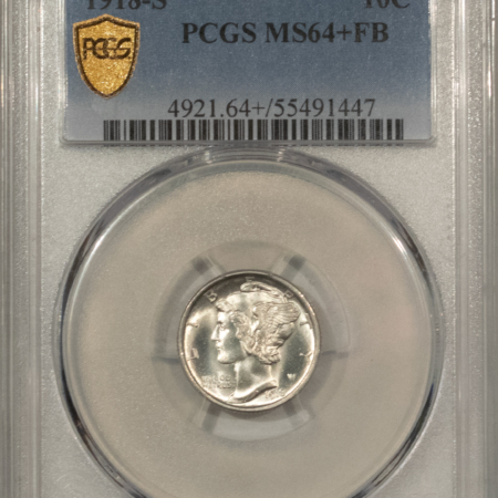 Mercury Dimes 1918-S MERCURY DIME – PCGS MS-64+ FB, BLAST WHITE AND TOUGH! 65=$14,000