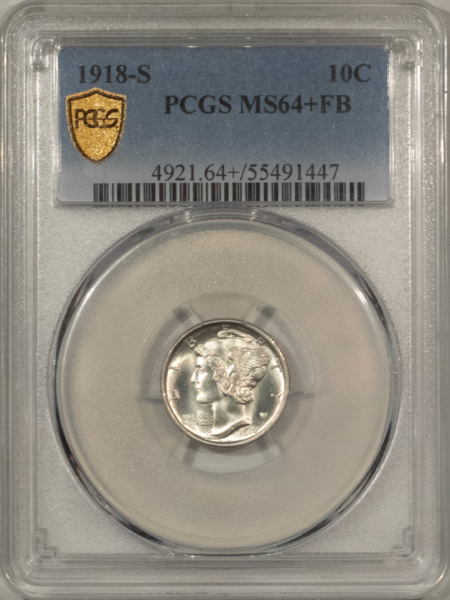 Mercury Dimes 1918-S MERCURY DIME – PCGS MS-64+ FB, BLAST WHITE AND TOUGH! 65=$14,000